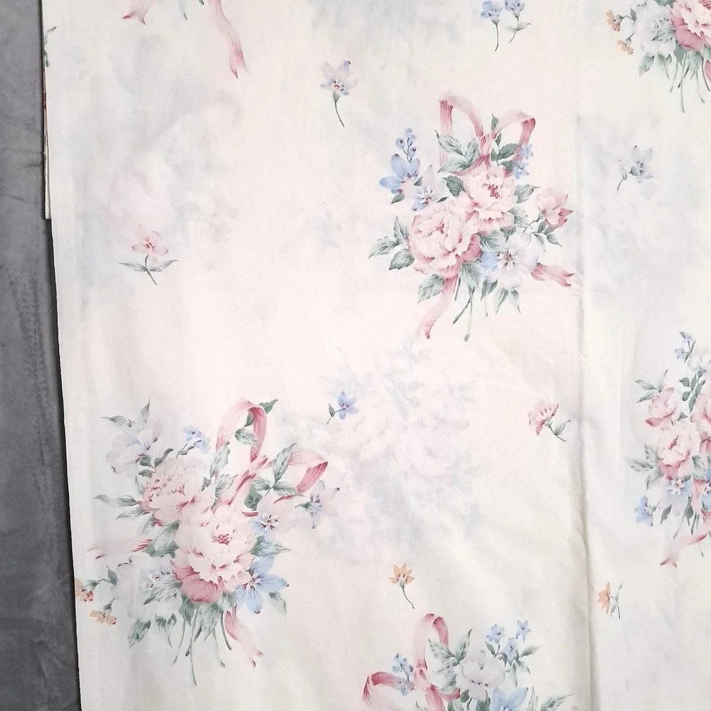 Springmaid Floral Flat‎ Sheet Twin White Pink Blue Lace Ruffle Vintage Percale